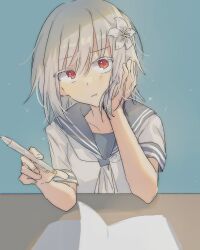 Rule 34 | 1girl, :t, a certain high school uniform, accelerator (toaru majutsu no index), albino, blue background, blue sailor collar, book, collarbone, colored eyelashes, flower, genderswap, genderswap (mtf), hair flower, hair ornament, hand in own hair, hands up, head tilt, highres, holding, holding pen, leaning forward, leaning on table, lily (flower), looking at viewer, neckerchief, oct.opus, open book, pale skin, pen, pout, red eyes, sailor collar, school uniform, serafuku, shadow, shirt, short hair, solo, solo focus, suzushina yuriko, table, toaru majutsu no index, upper body, white hair, white neckerchief, white shirt, wooden table
