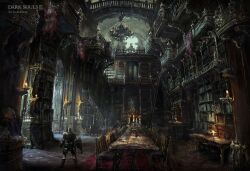 Rule 34 | 1boy, armor, artist name, ashen one (dark souls 3), banner, book, bookshelf, bridge, candle, candlestand, castle, chair, chandelier, concept art, copyright name, dark souls (series), dark souls iii, day, full armor, full body, highres, interior, jocus wang, ladder, library, scenery, shield, silk, solo, spider web, stairs, standing, sword, table, third-party source, weapon, wooden chair, wooden table