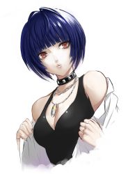 Rule 34 | 1girl, black shirt, blue hair, blunt bangs, bob cut, breasts, cleavage, collar, collarbone, cropped torso, highres, igusaharu, jewelry, looking at viewer, medium breasts, parted lips, pendant, persona, persona 5, red eyes, shirt, short hair, simple background, sleeveless, sleeveless shirt, solo, takemi tae, undressing, upper body, white background