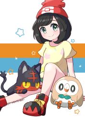 Rule 34 | 1girl, absurdres, black hair, closed mouth, creatures (company), floral print shirt, game freak, gen 7 pokemon, hat, highres, litten, looking at viewer, nintendo, pokemon, pokemon (creature), pokemon sm, red hat, rowlet, saki pokeoekaki, selene (pokemon), shirt, shoes, short hair, short sleeves, shorts, smile, star (symbol), twitter username, yellow shirt