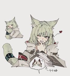 Rule 34 | 2girls, ;d, animal ears, arknights, arrow (symbol), blush, coat, commentary request, cropped torso, green eyes, green hair, green tail, grey background, grey coat, grin, harmonie (arknights), heart, highres, infection monitor (arknights), long hair, long sleeves, looking at viewer, multiple girls, multiple views, one eye closed, open mouth, reed (arknights), rokudenasi071, simple background, smile, tail, translated