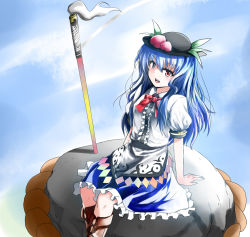 Rule 34 | 1girl, :o, arm support, blue hair, boots, bow, cross-laced footwear, day, dress, food, food-themed clothes, fruit, hat, highres, hinanawi tenshi, karadborg, lace-up boots, leaning back, long hair, looking at viewer, open mouth, peach, planted sword, planted, red eyes, rock, short sleeves, sitting, sitting on rock, skirt, sky, solo, sword, sword of hisou, touhou, weapon