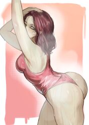 Rule 34 | 1girl, absurdres, alternate costume, ass, breasts, brown eyes, brown hair, commentary request, contemporary, elden ring, facial tattoo, highres, huge ass, looking at viewer, medium breasts, melina (elden ring), miao jiangyou, one-piece swimsuit, one eye closed, red one-piece swimsuit, short hair, solo, sweat, swimsuit, tattoo
