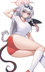 Rule 34 | 1girl, absurdres, blue archive, haruna (blue archive), highres, long hair, nanni jjang, red eyes, shirt, short sleeves, simple background, smile, solo, white hair, white shirt