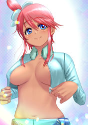 Rule 34 | 1girl, blue eyes, breasts, closed mouth, commentary request, creatures (company), cropped jacket, eyelashes, game freak, green jacket, green shorts, hadairo rainbow, hair ornament, highres, jacket, looking at viewer, navel, nintendo, one side up, open clothes, open jacket, pink hair, pokemon, pokemon bw, short hair with long locks, shorts, sidelocks, skyla (pokemon), smile, solo, turtleneck, zipper, zipper pull tab