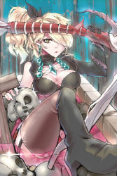 Rule 34 | 1girl, blonde hair, boots, bra, breasts, cleavage, earrings, female focus, garter belt, green eyes, hair over one eye, jewelry, knee boots, large breasts, lingerie, lowres, necklace, ponytail, scythe, sitting, skull, solo, sword girls, thighhighs, underwear, weapon