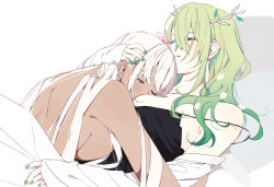 Rule 34 | 2girls, antlers, blanket, blush, branch, breast pillow, breasts, casual, ceres fauna, closed eyes, collarbone, commentary request, dark-skinned female, dark skin, gradient hair, green hair, green nails, hair between eyes, hair down, hand on another&#039;s head, hololive, hololive english, horns, korean commentary, leaf, light green hair, long hair, multicolored hair, multiple girls, nail polish, parted lips, sideboob, since2019, sleeping, tsukumo sana, upper body, virtual youtuber, white background, white hair, yuri
