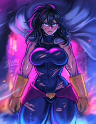 Rule 34 | 1girl, artist name, black hair, blue eyes, bodysuit, boku no hero academia, breasts, cape, commentary, cowboy shot, english commentary, gloves, hair between eyes, iahfy, injury, large breasts, mole, mole under mouth, muscular, muscular female, patreon username, shimura nana, solo, torn clothes, twitter username, watermark