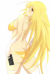 Rule 34 | + +, 1girl, arched back, ass, bikini, blonde hair, butt crack, controller, elbow gloves, from behind, gloves, highres, honest (honenano), long hair, looking at viewer, looking back, remote control, shokuhou misaki, sideways mouth, simple background, skindentation, smile, solo, spider web print, swimsuit, symbol-shaped pupils, thighhighs, toaru kagaku no railgun, toaru majutsu no index, white background, white gloves, white thighhighs, yellow bikini, yellow eyes