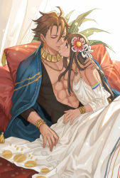Rule 34 | 1boy, 1girl, bed, blanket, bracelet, brown hair, circlet, collar, couple, dark-skinned female, dark-skinned male, dark skin, closed eyes, fate/prototype, fate/prototype: fragments of blue and silver, fate (series), flower, hair flower, hair ornament, hetero, highres, jewelry, lalatia-meai, necklace, nefertari (fate), open clothes, open shirt, ozymandias (fate), pillow