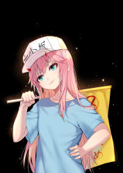 Rule 34 | 10s, 1girl, absurdres, blue shirt, character name, closed mouth, clothes writing, collarbone, commentary request, cosplay, darling in the franxx, fingernails, flag, flat cap, green eyes, hair between eyes, hand on own hip, hat, hataraku saibou, head tilt, highres, holding, holding flag, horns, koi han, long hair, looking away, over shoulder, pink hair, platelet (hataraku saibou), platelet (hataraku saibou) (cosplay), shirt, short sleeves, smile, solo, very long hair, white hat, zero two (darling in the franxx)