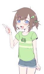 Rule 34 | 1girl, absurdres, ahoge, artist request, blue eyes, blue shorts, brown hair, child, collarbone, denim, denim shorts, freckles, frog, frog hair ornament, green hair ornament, green shirt, hair ornament, hairclip, hand up, highres, indie virtual youtuber, lily hopkins, looking at viewer, medium hair, messy hair, open mouth, pointing, shirt, shorts, simple background, source request, striped clothes, striped shirt, t-shirt, teeth, thighs, tongue, upper body, upper teeth only, virtual youtuber, white background