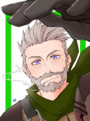 Rule 34 | 1boy, beard, belt, cigarette, facial hair, fate/grand order, fate (series), foreshortening, grey hair, koushirou (6qc4n0ciwowwies), leather, looking at viewer, male focus, mature male, mustache, purple eyes, short hair, smile, smoking, solo, spiked hair, upper body, william tell (fate), wrinkled skin
