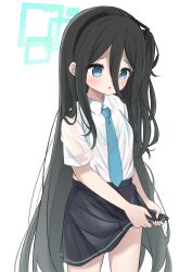 Rule 34 | 1girl, aqua necktie, aris (blue archive), black hair, blue archive, blush, bra visible through clothes, hair between eyes, halo, highres, kouyatsutou, long hair, looking down, necktie, one side up, school uniform, shirt, shirt tucked in, short sleeves, simple background, skirt, solo, very long hair, wet, wet clothes, wet shirt, white background, wringing clothes, wringing skirt