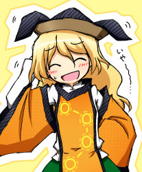 Rule 34 | 1girl, black hat, blonde hair, blush, brown hat, cape, closed eyes, constellation, constellation print, facing viewer, green skirt, hand in own hair, hand on own head, hand on own hip, hat, kazeha (starrysky), long hair, long sleeves, matara okina, nervous, nervous smile, open mouth, orange cape, orange sleeves, scratching head, silhouette, simple background, skirt, smile, solo, sun symbol, sweat, tabard, tongue, touhou, translated, upper body, wide sleeves