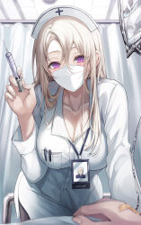 Rule 34 | 1girl, blush, breasts, brown hair, cleavage, collarbone, dress, gongha, hat, highres, holding, holding syringe, id card, large breasts, large syringe, long hair, long sleeves, looking at viewer, mask, mouth mask, nurse, nurse cap, original, oversized object, pov, purple eyes, skirt, solo focus, surgical mask, syringe