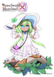 Rule 34 | 1girl, arms up, bag, barefoot, blue eyes, brave sword x blaze soul, character request, clover, copyright name, dark-skinned female, dark skin, dress, four-leaf clover, green hair, hands on headwear, hat, highres, long hair, low twintails, morino donguri, open mouth, smile, solo, sun hat, sundress, toes, twintails, white dress, white hat