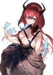 Rule 34 | 1girl, absurdres, arknights, black collar, black dress, breasts, cleavage, collar, commentary, cowboy shot, demon horns, detached collar, dress, food, hair ornament, highres, holding, holding food, horns, ice cream, inumata ichini, large breasts, long hair, looking at viewer, papico (ice cream), purple eyes, red hair, simple background, solo, surtr (arknights), white background