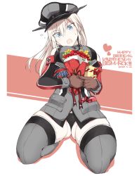 Rule 34 | 1girl, bare shoulders, birthday, bismarck (kancolle), blonde hair, blue eyes, bouquet, box, brown gloves, commentary request, dated, detached sleeves, english text, flower, flying sweatdrops, gift, gift box, gloves, grey thighhighs, hair between eyes, hat, heart, kantai collection, long hair, military, military hat, military uniform, open mouth, peaked cap, red flower, shigino sohuzi, solo, thighhighs, uniform, valentine