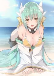 Rule 34 | 1girl, absurdres, all fours, aqua hair, bad id, bad pixiv id, bare shoulders, beach, bikini, blue sky, blush, bow, breasts, cleavage, day, fate/grand order, fate (series), hair bow, hanging breasts, highres, horns, japanese clothes, kiyohime (fate), kiyohime (fate/grand order), kiyohime (swimsuit lancer) (fate), kiyohime (swimsuit lancer) (first ascension) (fate), long hair, looking at viewer, medium breasts, ocean, off shoulder, open mouth, outdoors, ponytail, ribbon, round teeth, sand, sky, smile, solo, sun, sunlight, swimsuit, teeth, water, yellow bikini, yellow eyes, yuzuru (hayuiop123)