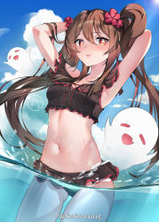 Rule 34 | absurdres, armpits, arms up, bikini, black bikini, blue sky, blush, boo tao (genshin impact), breasts, brown hair, chouchou (austin), closed eyes, cowboy shot, frilled bikini, frills, genshin impact, ghost, hair ornament, highres, hu tao (genshin impact), looking at viewer, navel, open mouth, partially submerged, red eyes, sky, small breasts, smile, stomach, swimsuit, twintails