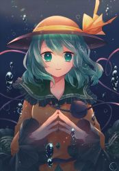 Rule 34 | 1girl, black hat, blouse, bubble, buttons, closed mouth, commentary, diamond button, fingernails, floral print, frilled shirt collar, frilled skirt, frilled sleeves, frills, green eyes, green hair, green skirt, hair between eyes, hands up, hat, hat ribbon, highres, komeiji koishi, long sleeves, looking at viewer, medium hair, momoiro, own hands together, ribbon, rose print, shirt, skirt, smile, solo, third eye, touhou, underwater, upper body, wide sleeves, yellow ribbon, yellow shirt
