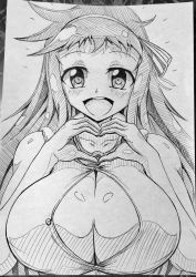 Rule 34 | 1girl, :d, ayame (senran kagura), blush, breasts, cleavage, cleavage cutout, clothing cutout, collarbone, female focus, greyscale, hair ribbon, hairband, heart, heart hands, highres, jin homuhomu, large breasts, long hair, monochrome, no bra, open clothes, open mouth, open shirt, ribbon, senran kagura, shiny skin, shirt, smile, solo, traditional media, upper body