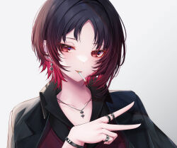 Rule 34 | 1girl, absurdres, black hair, black shirt, black suit, bracelet, cigarette, collarbone, collared shirt, earrings, formal, gradient hair, hair over eyes, highres, iris black games, jacket, jacket on shoulders, jewelry, kisaragi ren (vtuber), lapels, looking at viewer, multicolored hair, necklace, open clothes, open collar, open jacket, parted bangs, rai (newtype xm-x1), red eyes, red hair, red vest, ring, shirt, short hair, simple background, smoke, smoking, solo, suit, vest, virtual youtuber, vspo!, white background