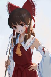 Rule 34 | 1girl, ascot, backlighting, bow, brown eyes, chromatic aberration, collarbone, detached sleeves, frilled bow, frilled shirt collar, frills, gohei, grin, hair bow, hair tubes, hakurei reimu, hand on own hip, highres, looking at viewer, nontraditional miko, red bow, red shirt, red skirt, ribbon-trimmed sleeves, ribbon trim, shirt, sidelocks, skirt, skirt set, smile, solo, touhou, treeware, upper body, wide sleeves, yellow ascot
