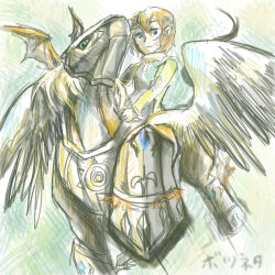 Rule 34 | 1boy, armor, blonde hair, blue eyes, digimon, digimon (creature), pegasmon, takaishi takeru, wings
