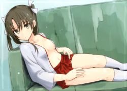 Rule 34 | 10s, 1girl, arm support, arms at sides, breasts, couch, full body, green eyes, green hair, hakama, hakama short skirt, hakama skirt, japanese clothes, kantai collection, looking at viewer, mashayuki, navel, open clothes, parted lips, pleated skirt, red skirt, sitting, skirt, skirt set, small breasts, thighs, twintails, white legwear, zuikaku (kancolle)
