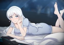 Rule 34 | 1girl, absurdres, arm up, ass, barefoot, bed sheet, blue dress, blue eyes, blush, breasts, closed mouth, commentary, dress, elbow rest, english commentary, feet, feet up, hair down, head rest, heart, highres, keith montalbo, legs, long hair, lying, nightgown, on bed, on stomach, pajamas, rwby, scar, scar across eye, short sleeves, sleepwear, smile, snowflake print, solo, the pose, weiss schnee, white hair