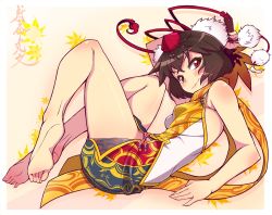 Rule 34 | 1girl, adapted costume, alternate costume, arm up, bare legs, bare shoulders, barefoot, blush, breasts, brown hair, hand fan, feet, full body, hat, hauchiwa, leaf, leaf print, legs, looking at viewer, panties, red eyes, revision, shameimaru aya, short hair, side-tie panties, side slit, simple background, sleeveless, small breasts, smile, smirk, soles, solo, taketora suzume, toes, tokin hat, touhou, underwear