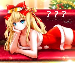 Rule 34 | 1girl, ?, artist name, beatmania, beatmania iidx, bemani, blonde hair, blue eyes, blunt bangs, blurry, bow, breasts, christmas, christmas ornaments, christmas tree, cleavage, commentary request, couch, depth of field, dress, eyewear on head, goli matsumoto, hair bow, head rest, himmel (beatmania iidx), lens flare, long hair, looking at viewer, lying, merry christmas, on side, pom pom (clothes), red bow, red dress, red thighhighs, santa costume, sidelocks, small breasts, solo, sunglasses, thighhighs, twintails, zettai ryouiki