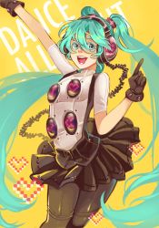 Rule 34 | 1girl, alternate costume, aqua eyes, aqua hair, black gloves, black pantyhose, black skirt, gloves, goldfishu, hatsune miku, headphones, heart, heart background, highres, long hair, open mouth, pantyhose, persona, persona 4: dancing all night, persona dancing, simple background, skirt, smile, solo, twintails, very long hair, vocaloid