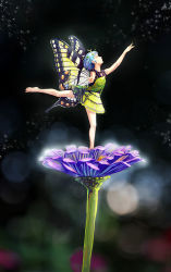 Rule 34 | 1girl, amibazh, antennae, arms up, bare arms, bare legs, barefoot, blue hair, blurry, blurry background, bokeh, butterfly wings, commentary request, dancing, depth of field, dress, eternity larva, flower, from side, green dress, insect wings, light smile, profile, red eyes, short hair, sky, sleeveless, sleeveless dress, solo, standing, standing on one leg, star (sky), starry sky, touhou, wings
