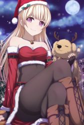 Rule 34 | 10s, 1girl, :3, animal, antlers, bad id, bad twitter id, bandana, bandeau, bang dream!, bare shoulders, bell, black bodysuit, black gloves, black pantyhose, blonde hair, bodysuit, bodysuit under clothes, boots, breasts, brown footwear, christmas, cleavage, closed eyes, closed mouth, collar, crop top, cross-laced footwear, crossed legs, detached sleeves, dog, earrings, female focus, fingerless gloves, full moon, fur-trimmed skirt, fur-trimmed sleeves, fur trim, gloves, hat, highres, holly, horns, jewelry, leon (bang dream!), long hair, looking at viewer, moon, narafume, neck bell, necklace, night, outdoors, pantyhose, purple eyes, red bandana, red skirt, reindeer antlers, santa costume, santa hat, shirasagi chisato, sitting, skirt, small breasts, smile, snowing, solo, strapless, thighband pantyhose