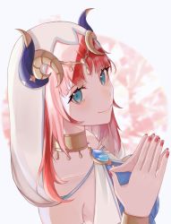Rule 34 | 1girl, bare shoulders, blue eyes, blunt bangs, choker, closed mouth, eyelashes, forehead jewel, forsy 88, genshin impact, highres, horns, looking at viewer, medium hair, nail polish, nilou (genshin impact), own hands together, red hair, red nails, simple background, smile, solo, twitter username, upper body, veil, white background