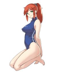 Rule 34 | 1girl, bare arms, bare legs, bare shoulders, barefoot, blue one-piece swimsuit, breasts, closed mouth, competition swimsuit, from side, full body, green eyes, highres, kneeling, large breasts, legs together, long hair, looking at viewer, one-piece swimsuit, original, ponytail, red hair, simple background, smile, solo, swimsuit, vins-mousseux, white background