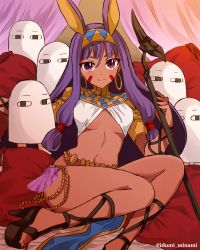 Rule 34 | 1girl, animal ears, belly chain, breasts, closed mouth, commentary request, dark-skinned female, dark skin, earrings, egyptian, egyptian clothes, facepaint, facial mark, fate/grand order, fate (series), highres, holding, holding staff, holding weapon, hoop earrings, izumi minami, jackal ears, jewelry, long hair, looking at viewer, low-tied long hair, medjed (fate), navel, nitocris (fate), pillow, purple eyes, purple hair, revealing clothes, sitting, small breasts, smile, staff, stomach, twitter username, usekh collar, weapon