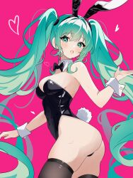 Rule 34 | 1girl, absurdres, animal ears, ass, bare arms, bare shoulders, black leotard, black necktie, black thighhighs, blue eyes, blue hair, breasts, coco irasuto, commentary request, detached collar, fake animal ears, fake tail, hatsune miku, heart, highleg, highleg leotard, highres, leotard, light blush, long hair, medium breasts, necktie, pink background, playboy bunny, pure pure (rabbit hole), rabbit ears, rabbit tail, skindentation, strapless, strapless leotard, tail, thighhighs, twintails, very long hair, vocaloid, wrist cuffs