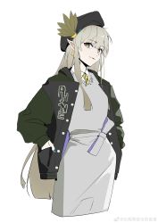 Rule 34 | 1girl, absurdres, alternate costume, arknights, artist name, black headwear, blue nails, blush, brown hair, casual, closed mouth, cropped legs, dress, earrings, green eyes, grey dress, hands in pockets, highres, jewelry, looking at viewer, muelsyse (arknights), nail polish, necktie, pointy ears, simple background, smile, solo, songweilaiyinzizhushitang, striped necktie, weibo watermark, white background, yellow necktie
