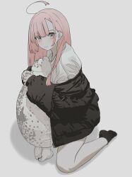 Rule 34 | 1girl, absurdres, ahoge, black skirt, black socks, blush, dot nose, down jacket, feet, full body, hair behind ear, highres, holding, holding pillow, invisible floor, jacket, kneeling, legs, long sleeves, looking at viewer, luvluvvox, off-shoulder jacket, off shoulder, open mouth, original, oversized clothes, pillow, pink eyes, pink hair, pleated skirt, seal (animal), simple background, skirt, smile, socks, solo, stuffed animal, stuffed toy, sweater, swept bangs, white background, white sweater