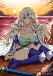 Rule 34 | 1990s (style), 1girl, beach, belt, blonde hair, blue eyes, blue footwear, blue thighhighs, blush, boots, breasts, bridal gauntlets, cape, celes chere, cleavage, curvy, elbow pads, female focus, final fantasy, final fantasy vi, hairband, headband, huge breasts, knee pads, large breasts, legs, leotard, long hair, looking at viewer, ocean, playing with own hair, retro artstyle, scabbard, sheath, shore, shoulder pads, sitting, smile, solo, sun, sunset, sword, thick thighs, thigh boots, thighhighs, thighs, weapon, wide hips, yasakani an