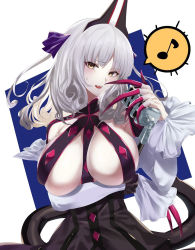Rule 34 | 1girl, alternate costume, breasts, carmilla (fate), claws, corset, cosplay, curly hair, detached sleeves, elizabeth bathory (fate), elizabeth bathory (fate) (cosplay), elizabeth bathory (fate/extra ccc), elizabeth bathory (first ascension) (fate), fangs, fate/grand order, fate (series), fingernails, grey hair, highres, hotate-chan, large breasts, long fingernails, looking at viewer, musical note, nail polish, pink nails, solo, spoken musical note, tail, upper body, yellow eyes
