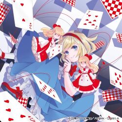 Rule 34 | 1girl, album cover, alice margatroid, apron, blonde hair, blue dress, blue eyes, bow, buttons, card, checkered background, closed mouth, collar, commentary request, cover, dress, eyelashes, fingernails, footwear bow, frilled collar, frilled dress, frilled sleeves, frills, hair bow, hairband, hanada hyou, heart, holding, holding staff, holding string, layered sleeves, long dress, long hair, long sleeves, lowres, mary janes, official art, playing card, puffy short sleeves, puffy sleeves, red bow, red dress, red footwear, red hairband, red sash, red sleeves, sash, shanghai doll, shirt, shoes, short hair, short over long sleeves, short sleeves, sidelocks, sleeveless, sleeveless dress, smile, socks, staff, string, touhou, touhou cannonball, white apron, white shirt, white sleeves, white socks, wide sleeves