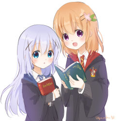 Rule 34 | 2girls, :d, :o, black robe, blue eyes, blue hair, blush, book, collared shirt, commentary request, copyright name, diagonal-striped clothes, diagonal-striped necktie, gochuumon wa usagi desu ka?, grey jacket, grey sweater, gryffindor, hair between eyes, hair ornament, hairclip, harry potter (series), hogwarts school uniform, holding, holding book, hoto cocoa, jacket, kafuu chino, light blue hair, long hair, long sleeves, looking at viewer, matching outfits, mozukun43, multiple girls, necktie, open mouth, orange hair, partial commentary, purple eyes, robe, school uniform, shirt, short hair, sidelocks, simple background, smile, standing, striped clothes, striped necktie, sweater, twitter username, two-tone necktie, upper body, white background, white shirt, wizarding world, x hair ornament