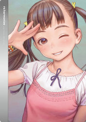 Rule 34 | 1girl, artist name, blunt bangs, bracelet, brown eyes, brown hair, camisole, child, cover, cover page, dated, grey background, hair ornament, hand up, highres, jewelry, long hair, looking at viewer, murata range, one eye closed, original, parted lips, pink camisole, purple ribbon, rabbit hair ornament, ribbon, salute, shirt, short sleeves, smile, solo, spaghetti strap, straight hair, twintails, upper body, white shirt