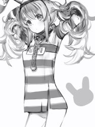 Rule 34 | 1girl, absurdres, animal ears, bad id, bad pixiv id, bottomless, chain, closed mouth, collar, cowboy shot, greyscale, hands up, hat, highres, hololive, long sleeves, looking at viewer, metal collar, monochrome, nanashi (nlo), official alternate costume, prison clothes, pussy, rabbit ears, shirt, solo, standing, striped clothes, striped shirt, twintails, usada pekora, usada pekora (prisoner), virtual youtuber