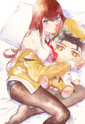 Rule 34 | 1girl, arm belt, black pantyhose, black shorts, blue eyes, breasts, brown hair, character doll, cleavage, collared shirt, dated, highres, holding, holding stuffed toy, jacket, lab coat, legs, long hair, long sleeves, lying, makise kurisu, marker (medium), medium breasts, necktie, okabe rintarou, on bed, on side, open clothes, open jacket, pantyhose, pantyhose under shorts, pillow, red necktie, rocni, shirt, shorts, signature, soles, solo, steins;gate, stuffed toy, traditional media, white shirt, yellow jacket